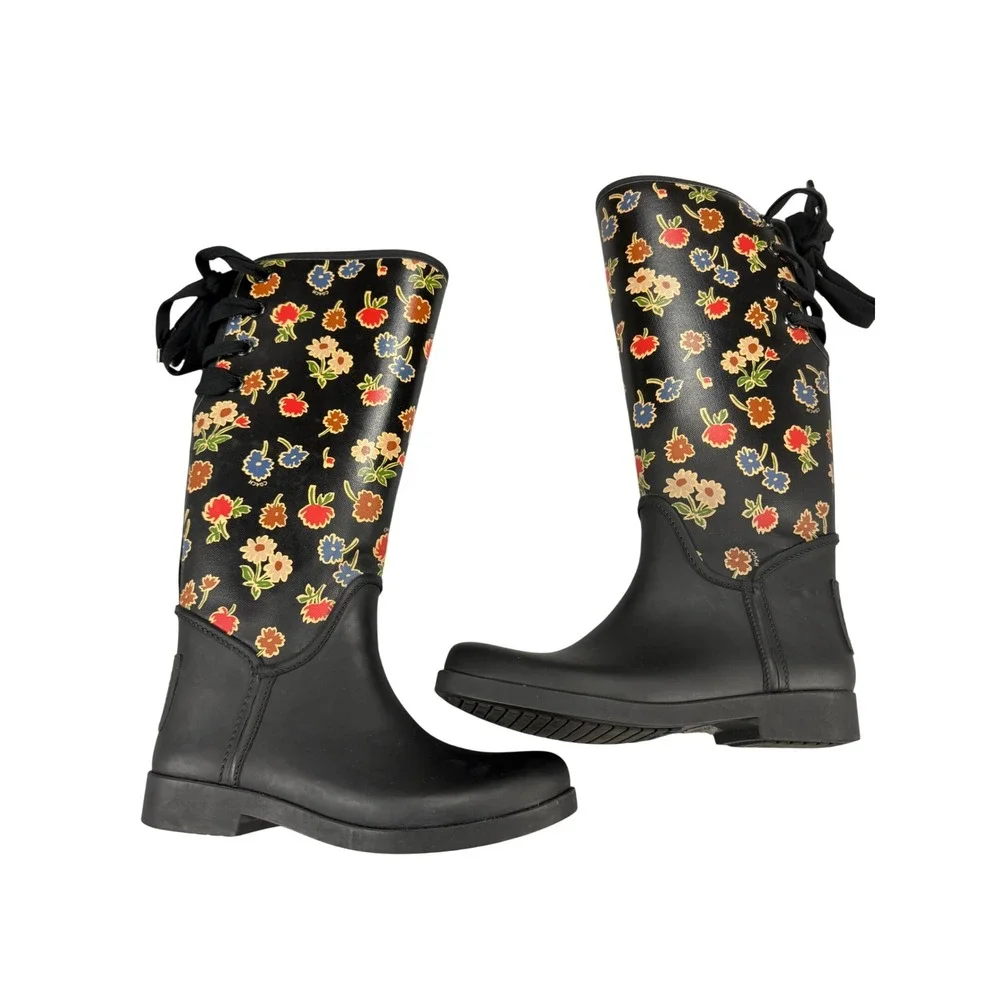 Coach Tristee Floral Rain Boots Black Matte Rubber Tall Lace Back Womens 8B